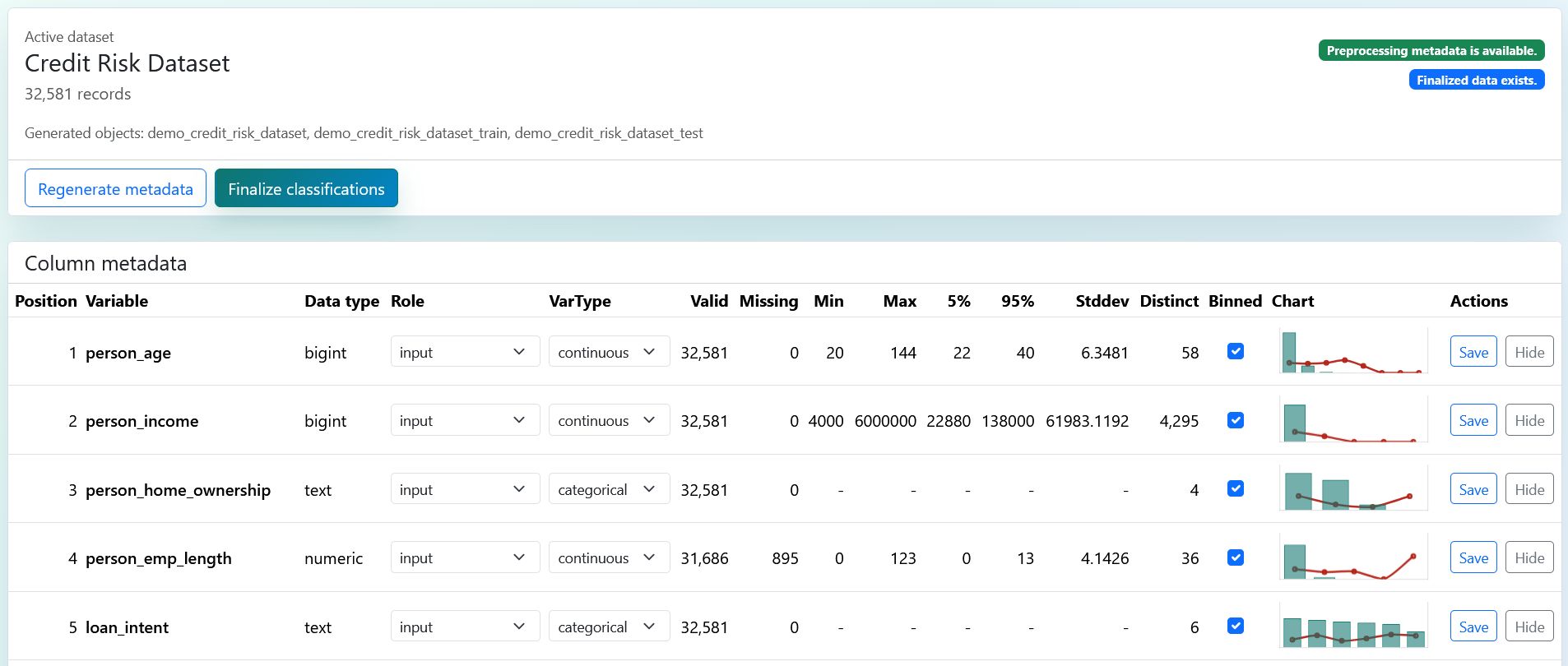 ISA Preprocessing page with variable metadata table