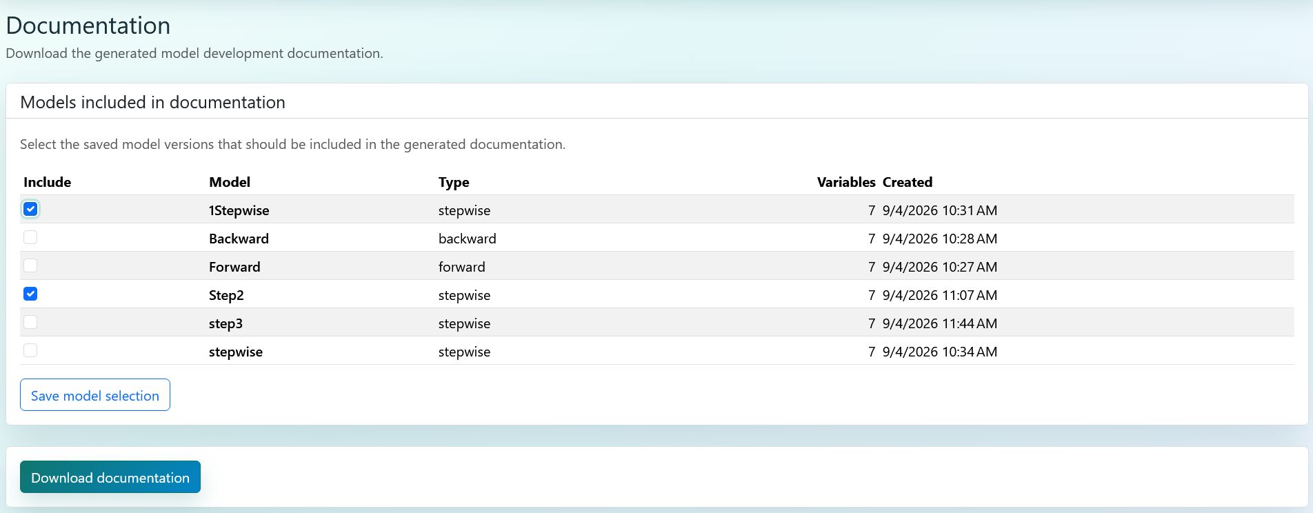 ISA Documentation page with model documentation settings